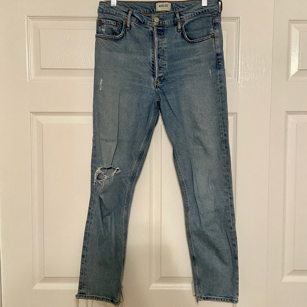 AGOLDE Lightwash Skinny Jeans with Distressed Split Hem